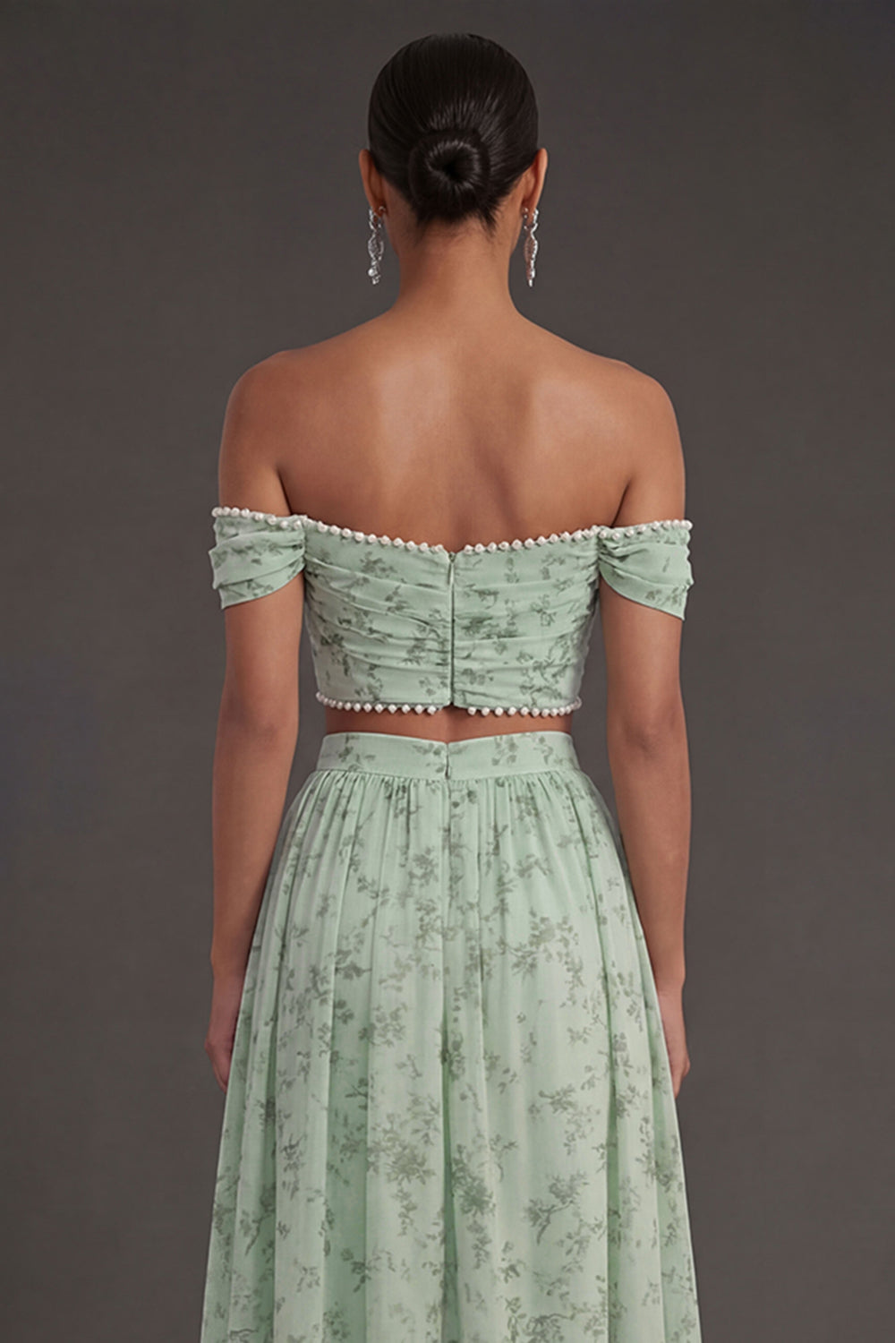 Off the Shoulder Dusty Sage A Line Ruched Long Wedding Guest Dress