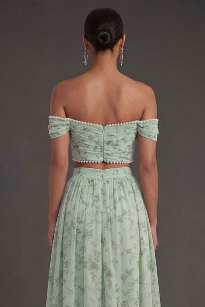 Off the Shoulder Dusty Sage A Line Ruched Long Wedding Guest Dress