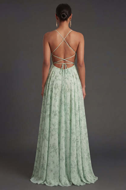 Spaghetti Straps A Line Dusty Sage Backless Long Summer Wedding Guest Dress