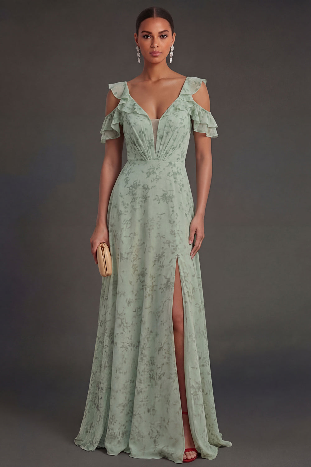 Leely Women Dusty Sage Ruffled Long Wedding Guest Dress with Slit Ruched A Line Backless Short Sleeves Garden Party Dress