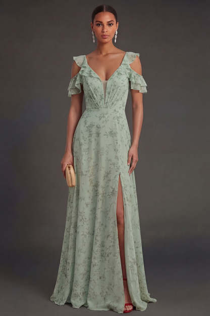 Leely Women Dusty Sage Ruffled Long Wedding Guest Dress with Slit Ruched A Line Backless Short Sleeves Garden Party Dress