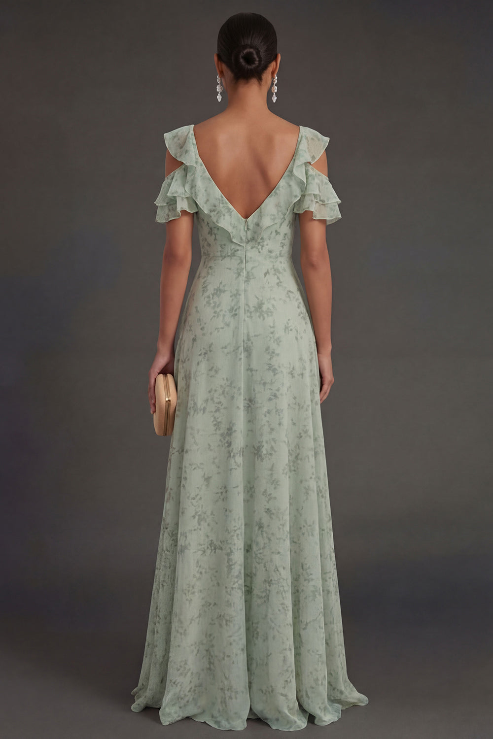 Dusty Sage Ruffled Ruched A Line Long Wedding Guest Dress with Slit
