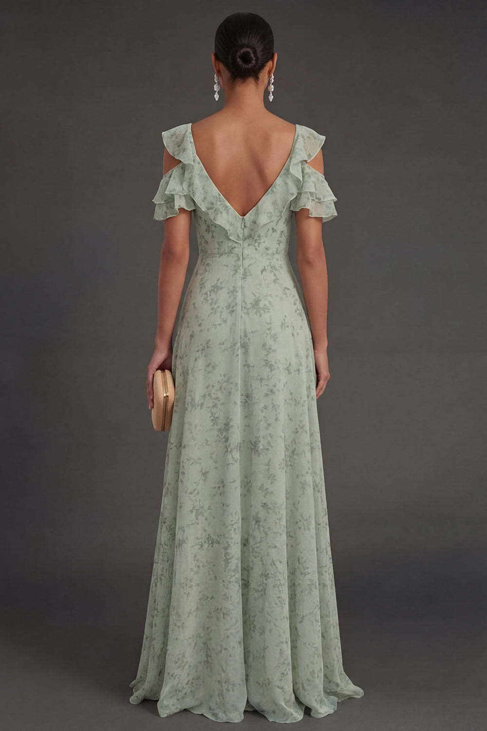 Dusty Sage Ruffled Ruched A Line Long Wedding Guest Dress with Slit