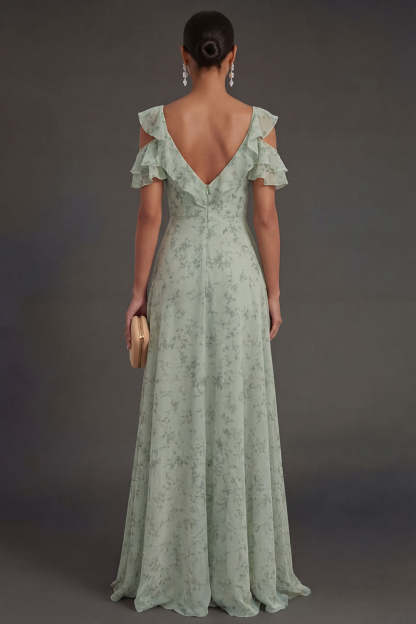 Dusty Sage Ruffled Ruched A Line Long Wedding Guest Dress with Slit
