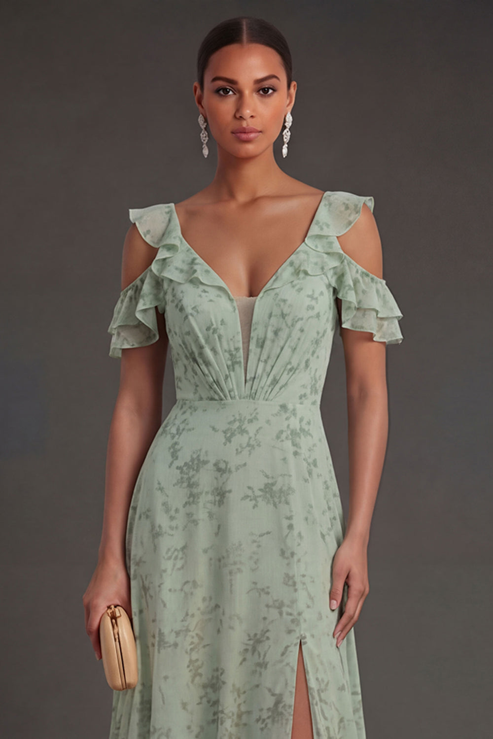 Dusty Sage Ruffled Ruched A Line Long Wedding Guest Dress with Slit