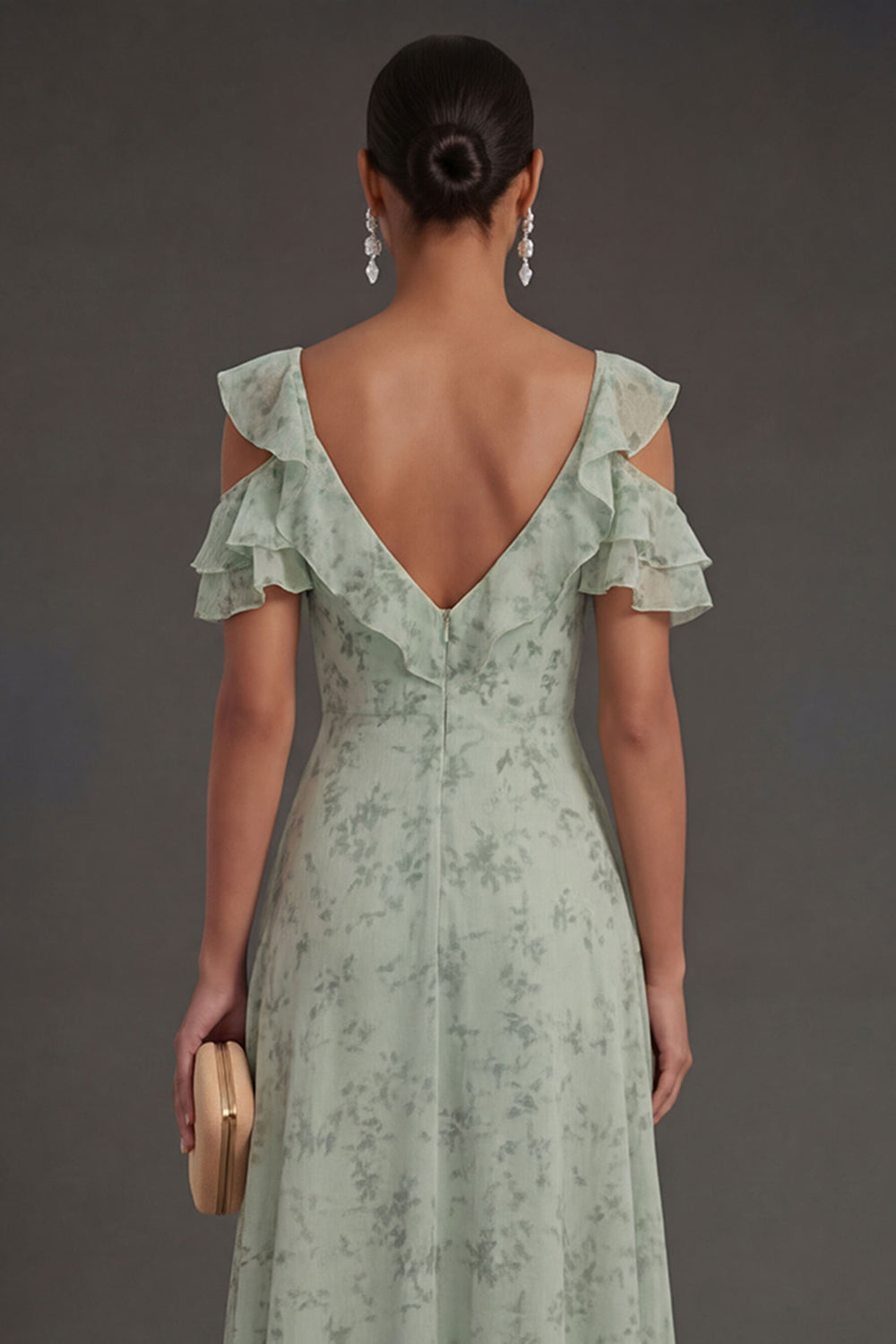 Dusty Sage Ruffled Ruched A Line Long Wedding Guest Dress with Slit