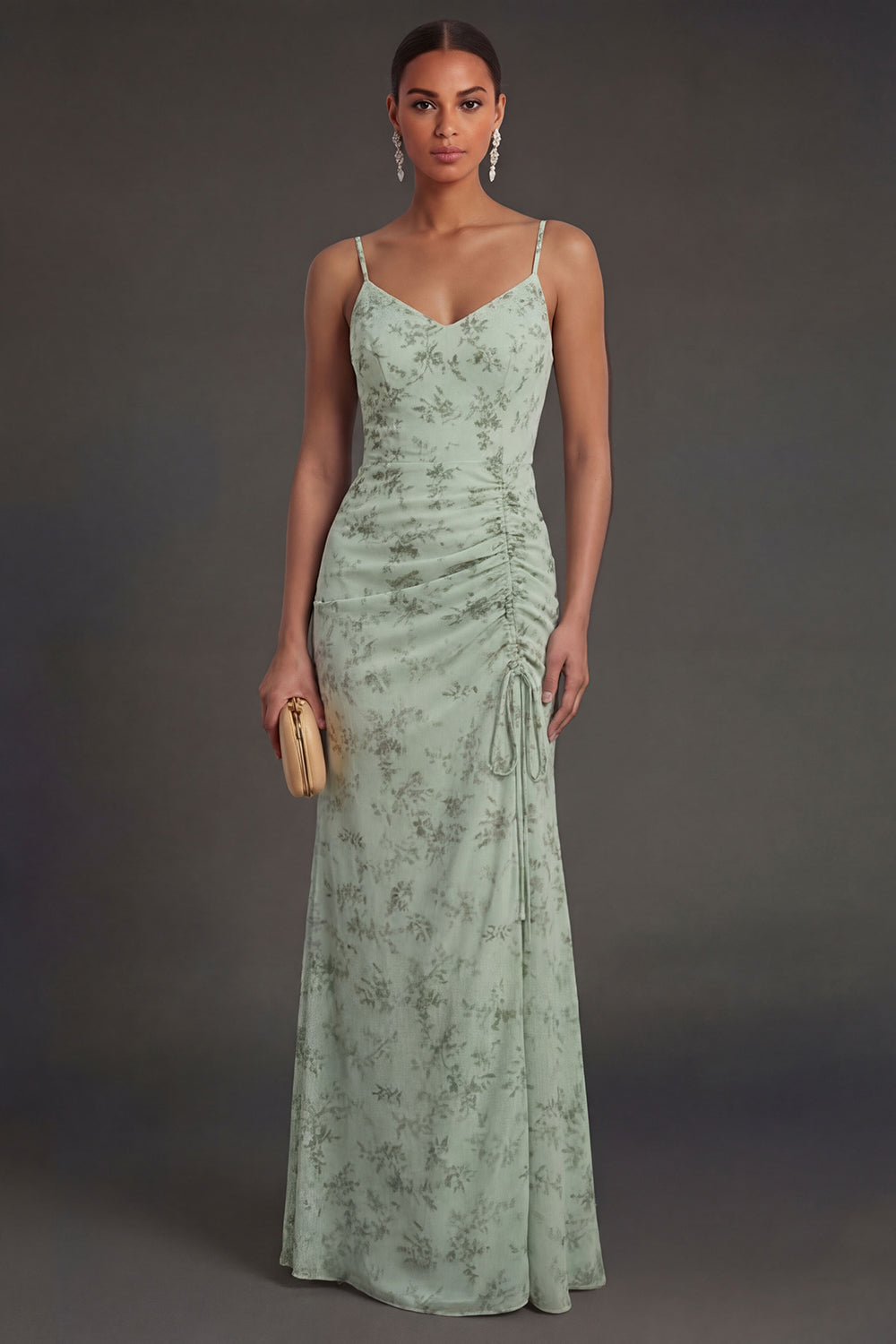 Dusty Sage Spaghetti Straps Ruched Backless Long Summer Wedding Guest Dress