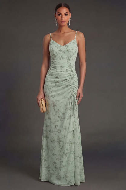 Leely Women Dusty Sage Spaghetti Straps Ruched Long Summer Wedding Guest Dress Backless Sleeveless Sheath Garden Party Dress
