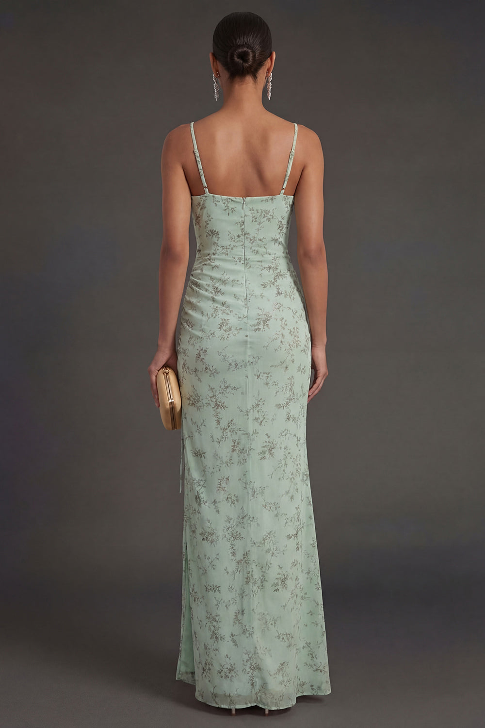 Dusty Sage Spaghetti Straps Ruched Backless Long Summer Wedding Guest Dress