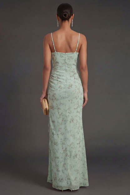 Dusty Sage Spaghetti Straps Ruched Backless Long Summer Wedding Guest Dress