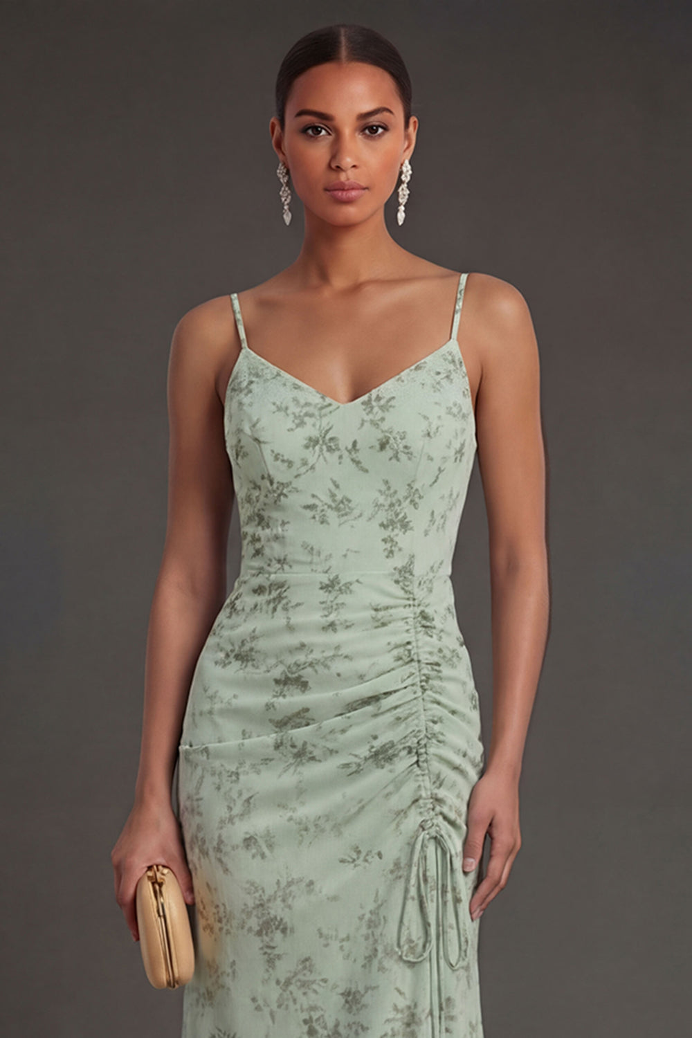 Dusty Sage Spaghetti Straps Ruched Backless Long Summer Wedding Guest Dress