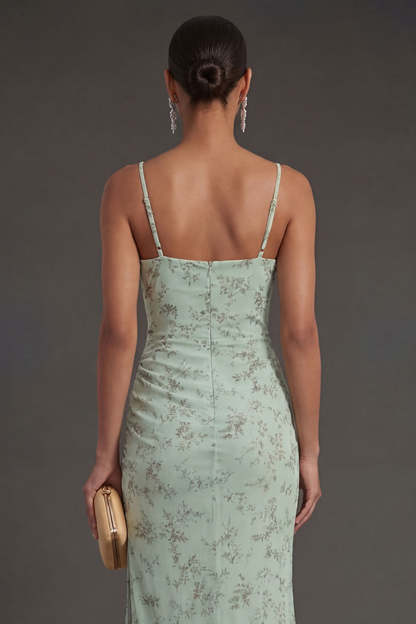 Dusty Sage Spaghetti Straps Ruched Backless Long Summer Wedding Guest Dress