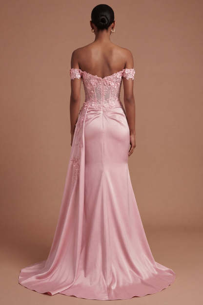 Satin Corset Mermaid Blush Floral Long Prom Dress with Slit