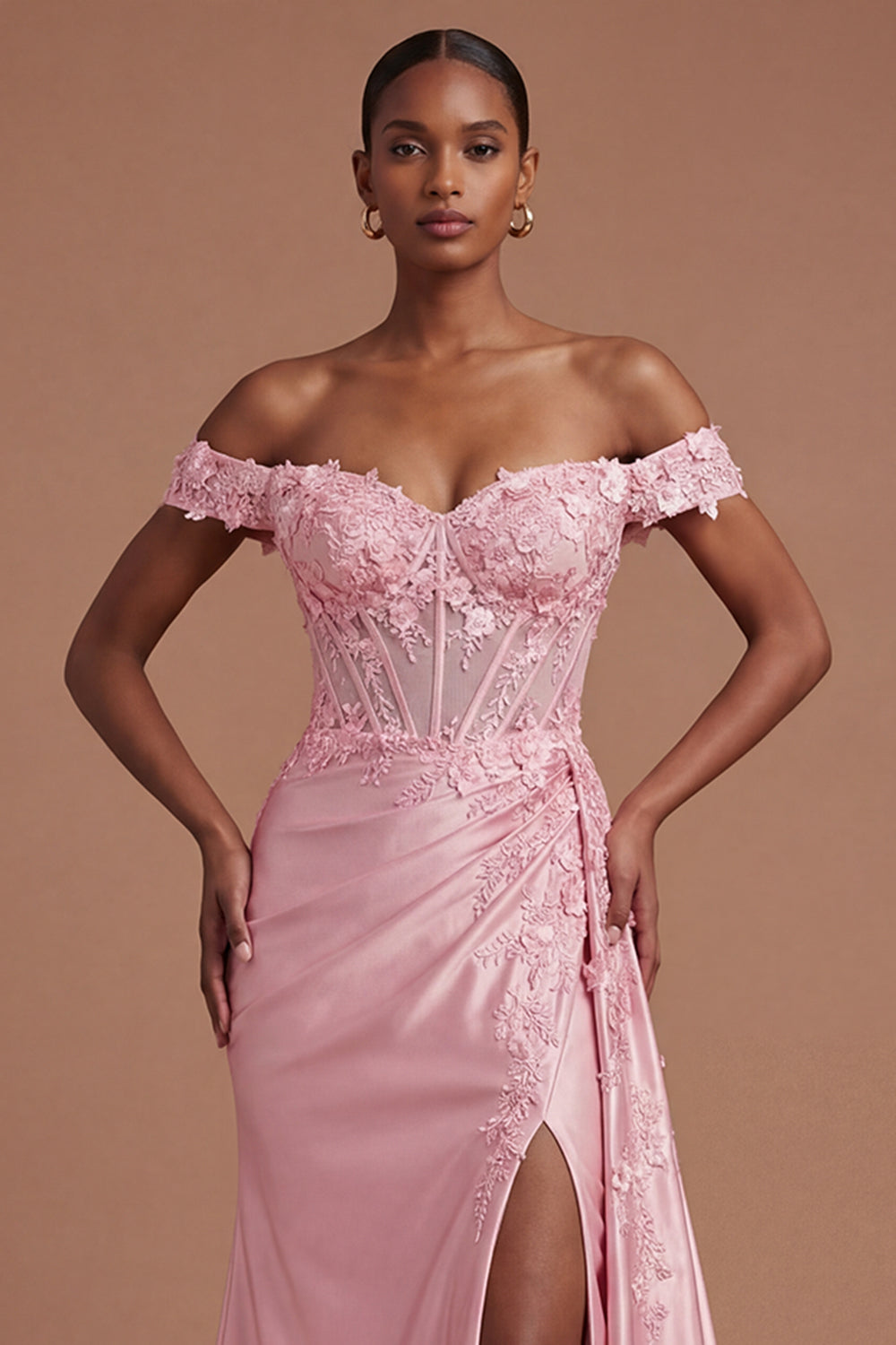 Satin Corset Mermaid Blush Floral Long Prom Dress with Slit