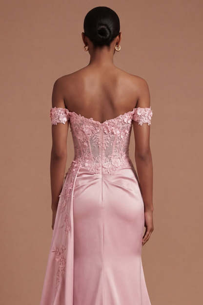 Satin Corset Mermaid Blush Floral Long Prom Dress with Slit