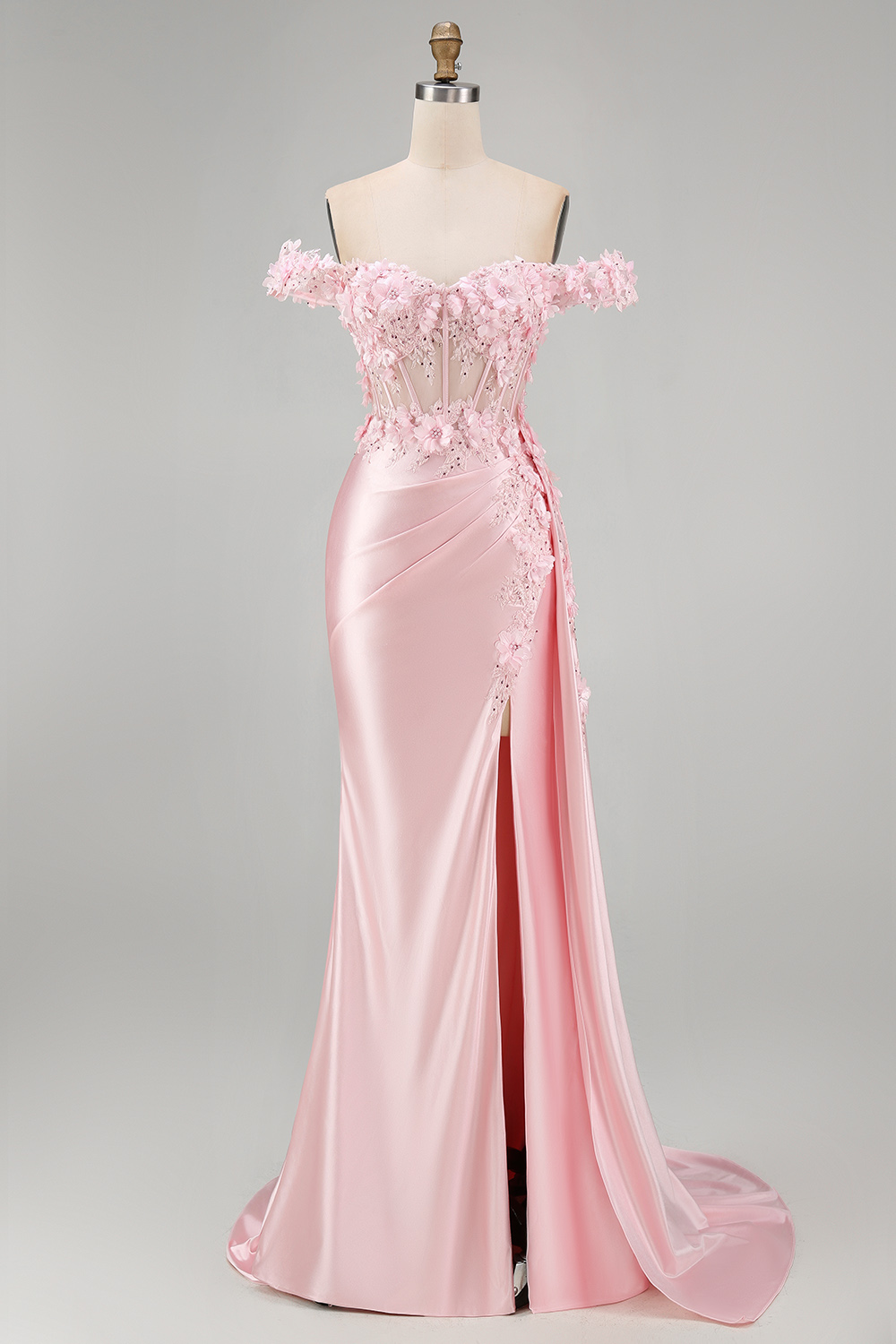 Satin Corset Mermaid Blush Floral Long Prom Dress with Slit