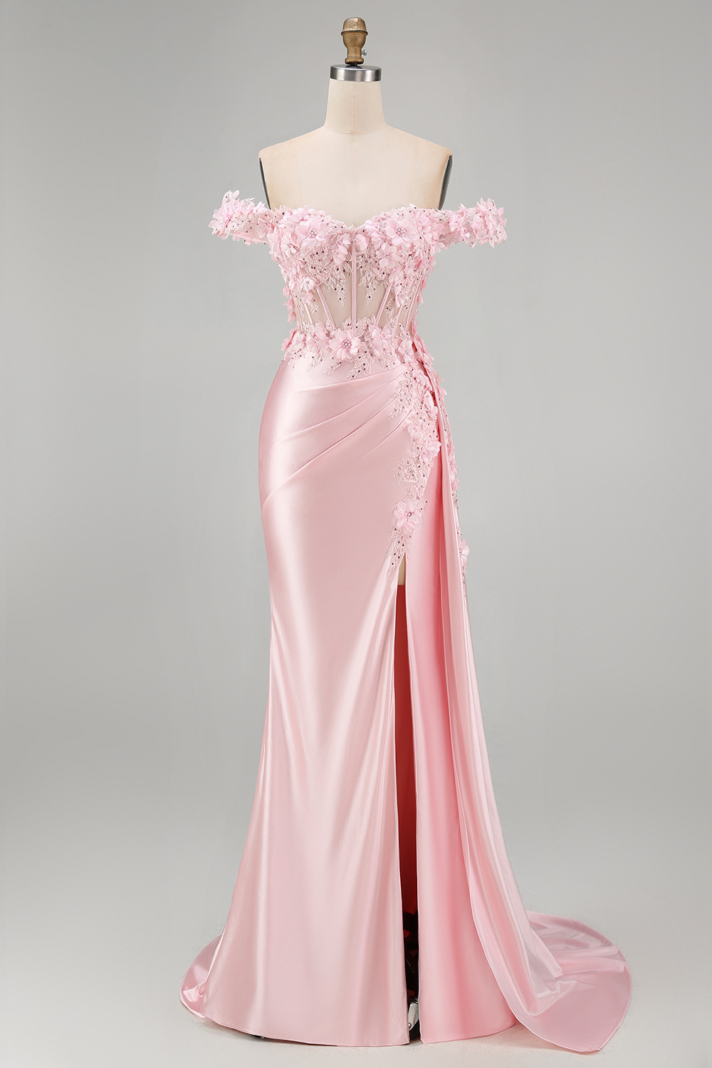 Satin Corset Mermaid Blush Floral Long Prom Dress with Slit