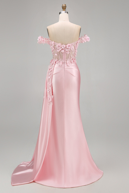 Satin Corset Mermaid Blush Floral Long Prom Dress with Slit