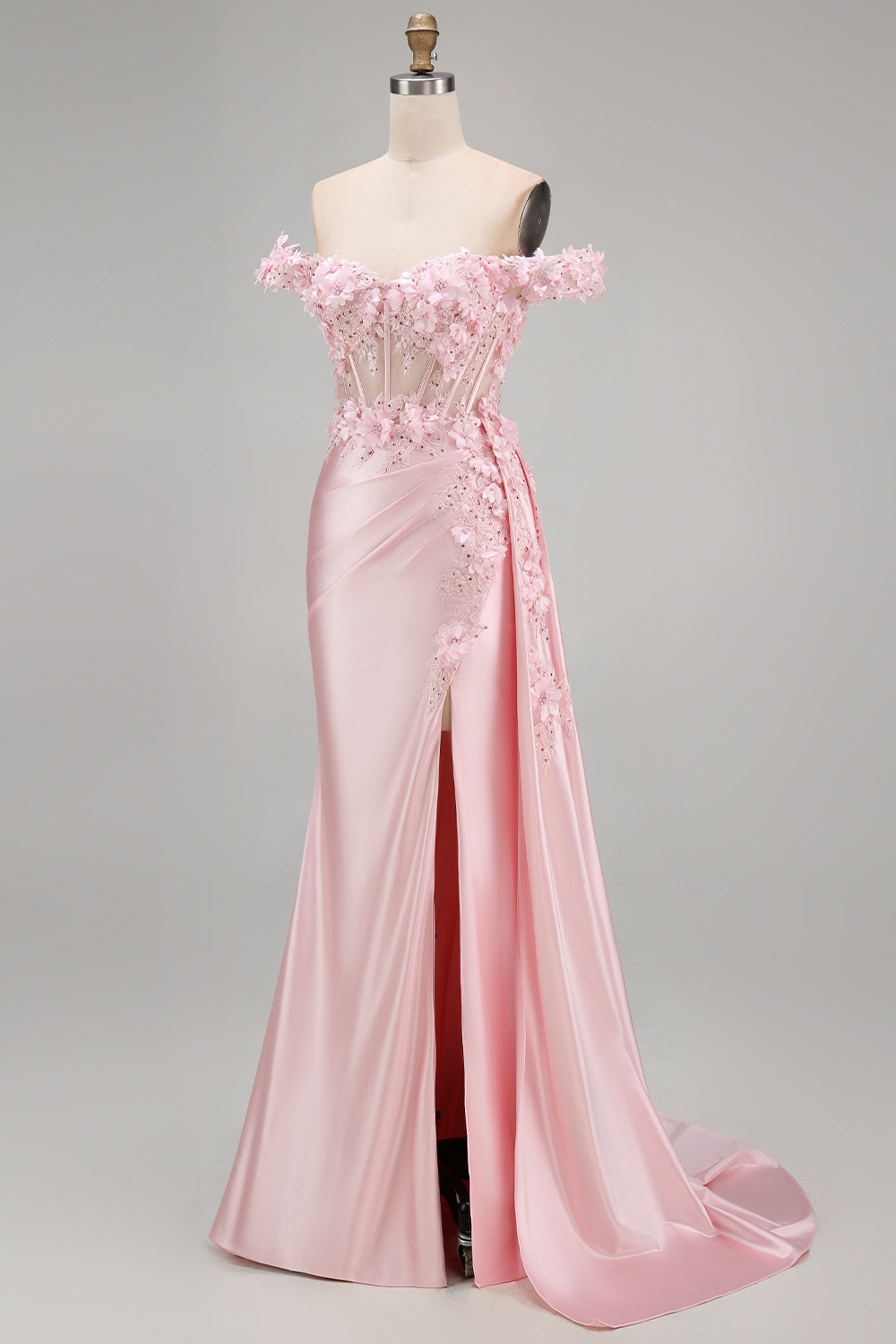 Satin Corset Mermaid Blush Floral Long Prom Dress with Slit