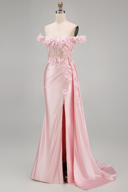 Satin Corset Mermaid Blush Floral Long Prom Dress with Slit