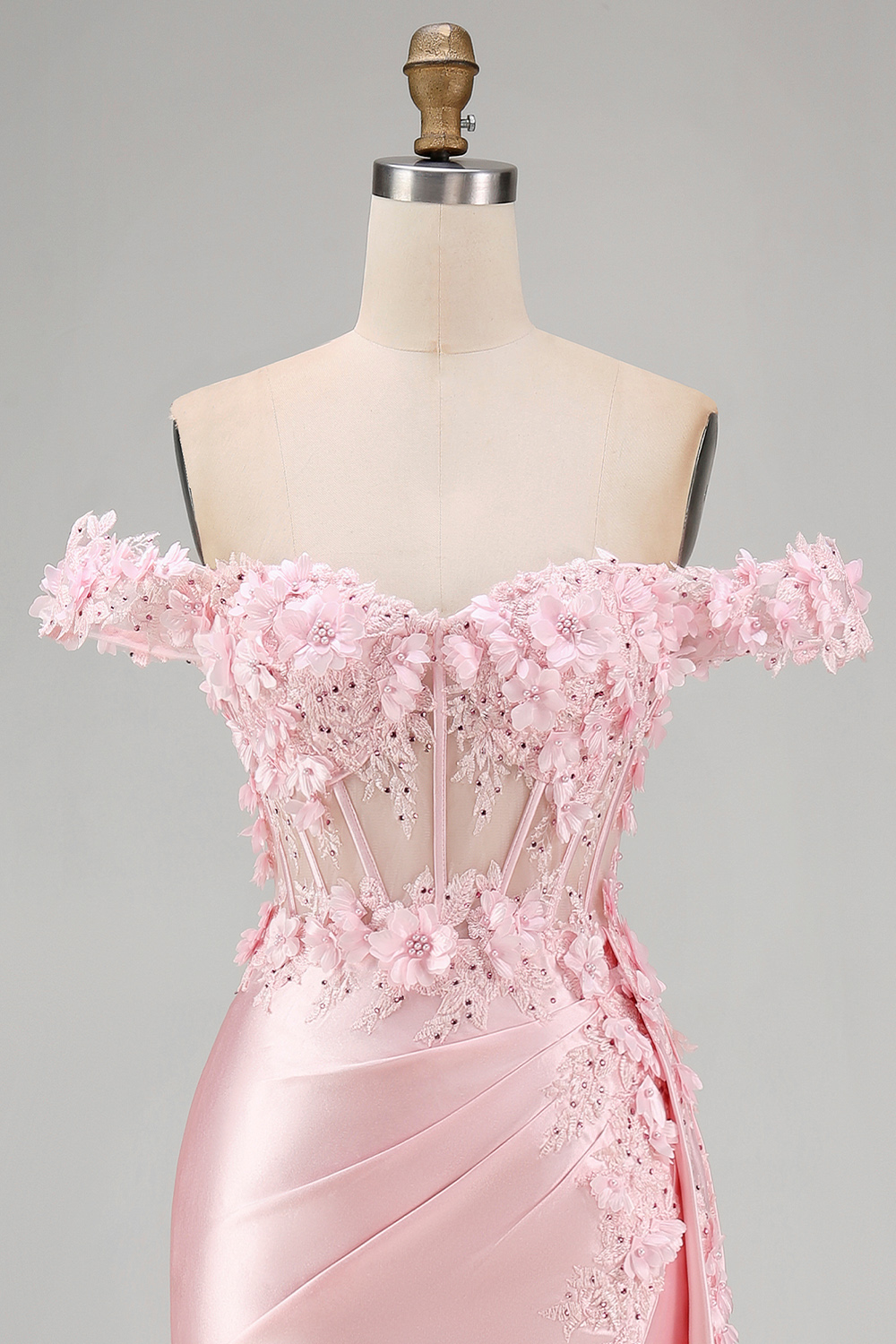 Satin Corset Mermaid Blush Floral Long Prom Dress with Slit