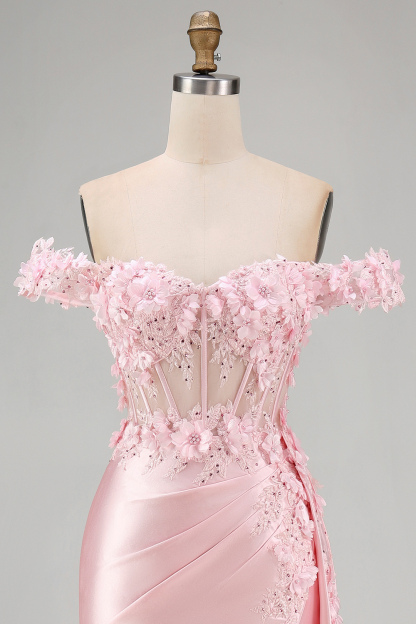 Satin Corset Mermaid Blush Floral Long Prom Dress with Slit
