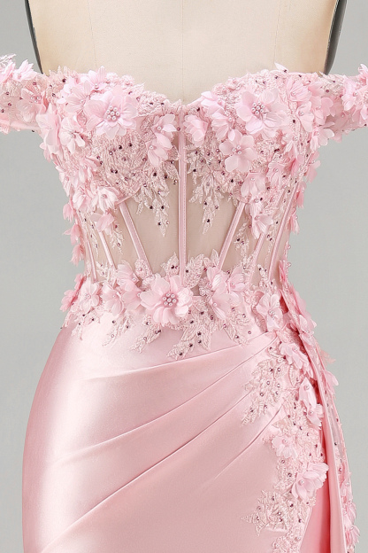 Satin Corset Mermaid Blush Floral Long Prom Dress with Slit