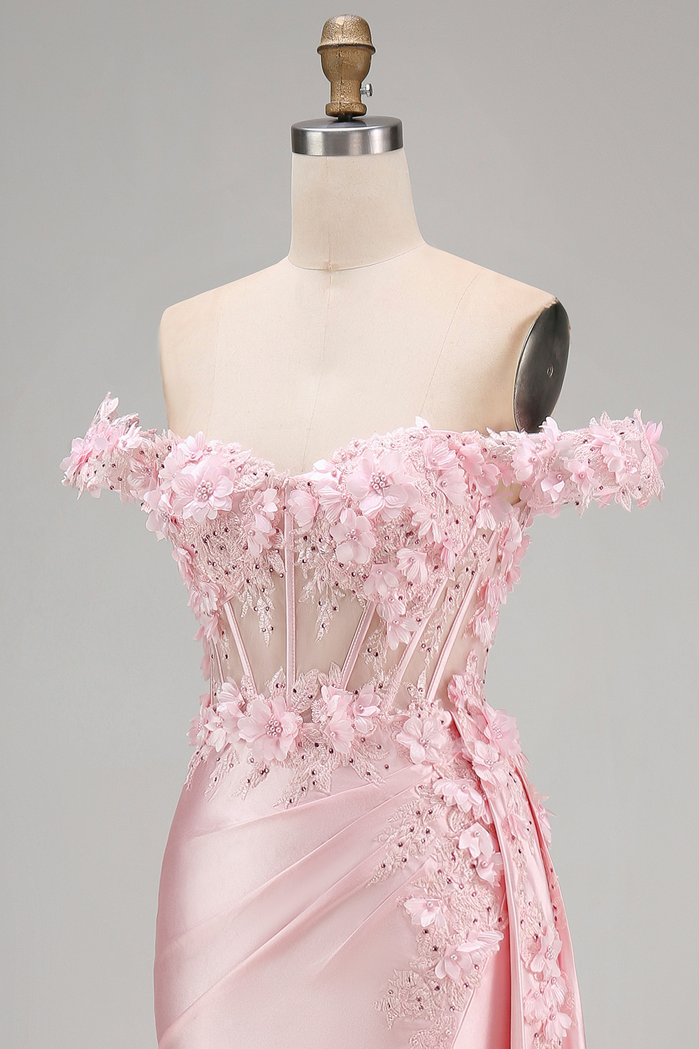Satin Corset Mermaid Blush Floral Long Prom Dress with Slit