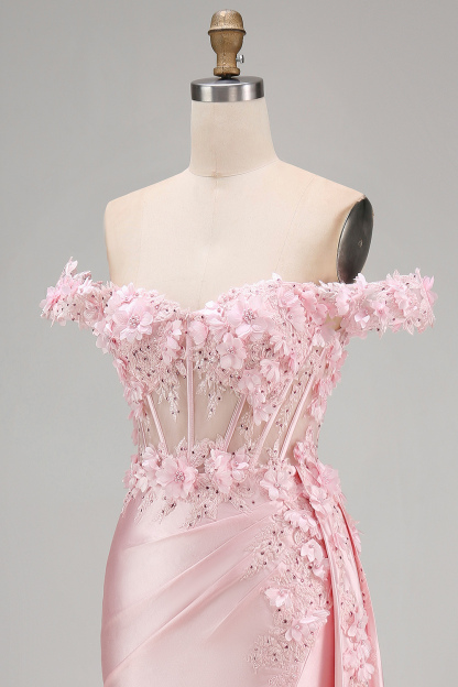 Satin Corset Mermaid Blush Floral Long Prom Dress with Slit