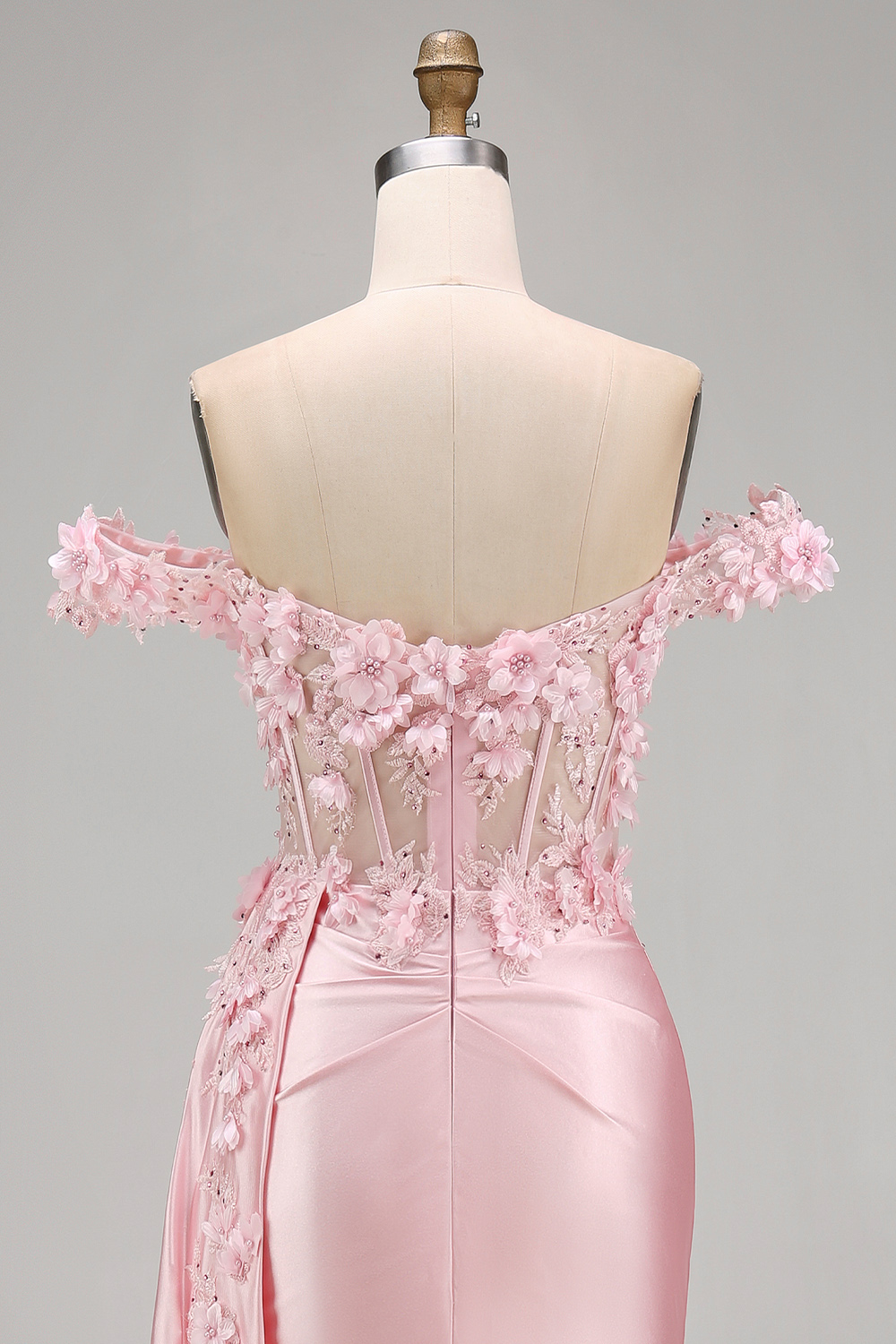 Satin Corset Mermaid Blush Floral Long Prom Dress with Slit