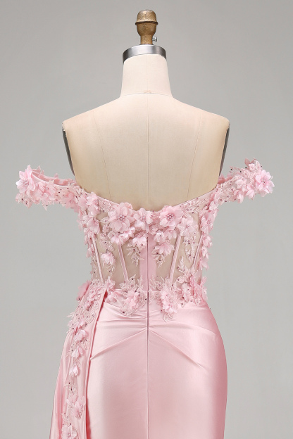 Satin Corset Mermaid Blush Floral Long Prom Dress with Slit