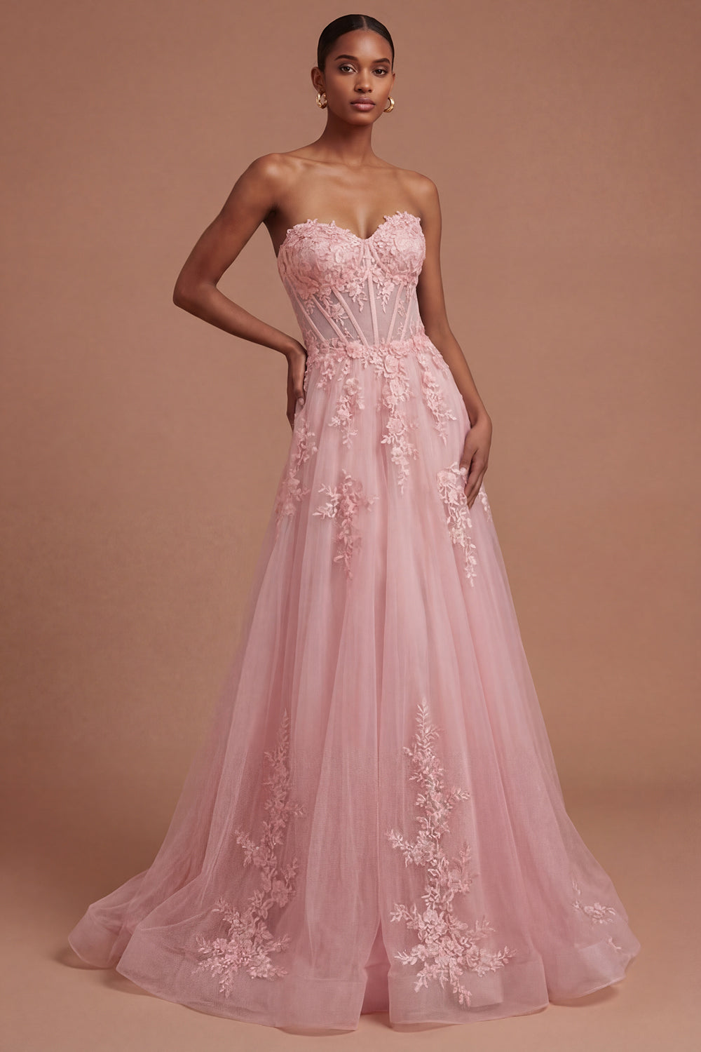 Pink Corset Floral A Line Sweetheart Long Prom Dress