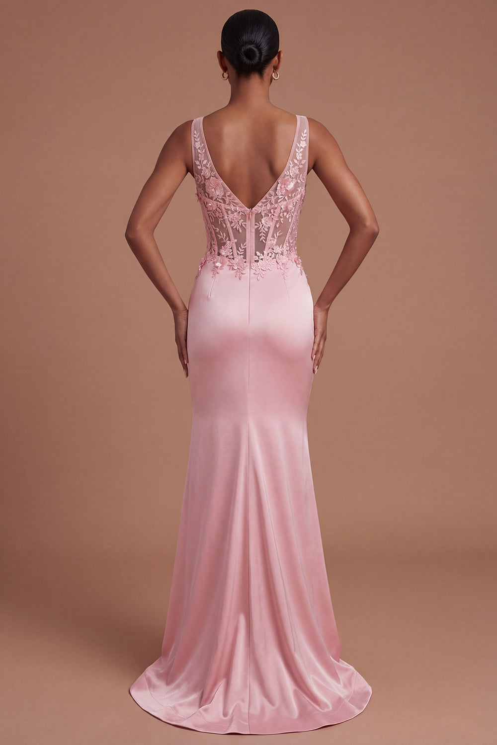 Ruched Mermaid Satin Corset Floral Pink Long Prom Dress with Slit