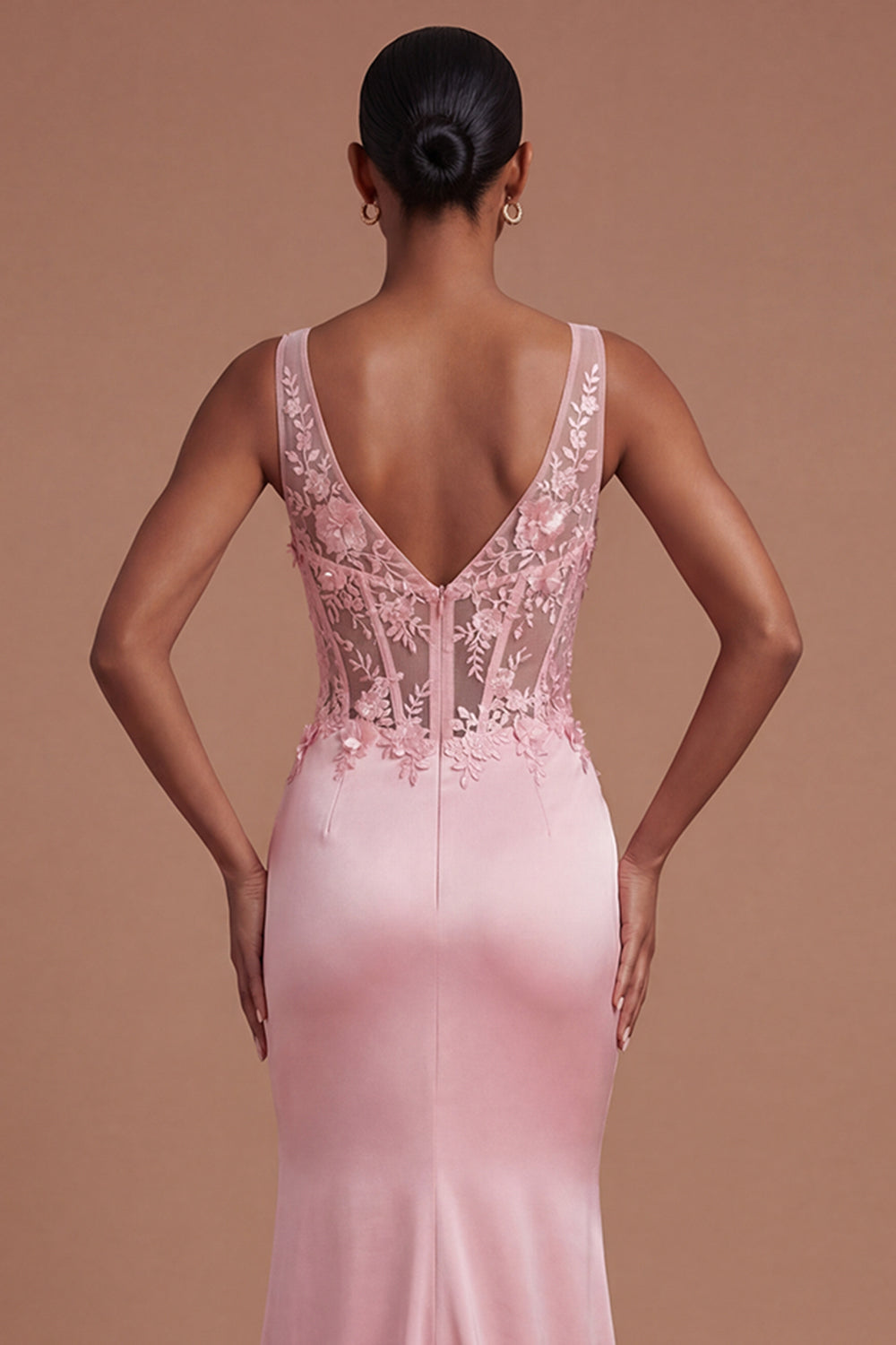 Ruched Mermaid Satin Corset Floral Pink Long Prom Dress with Slit
