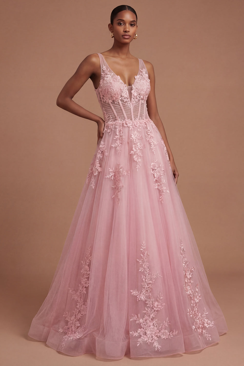 Corset Floral A Line Appliqued Pink Long Prom Dress