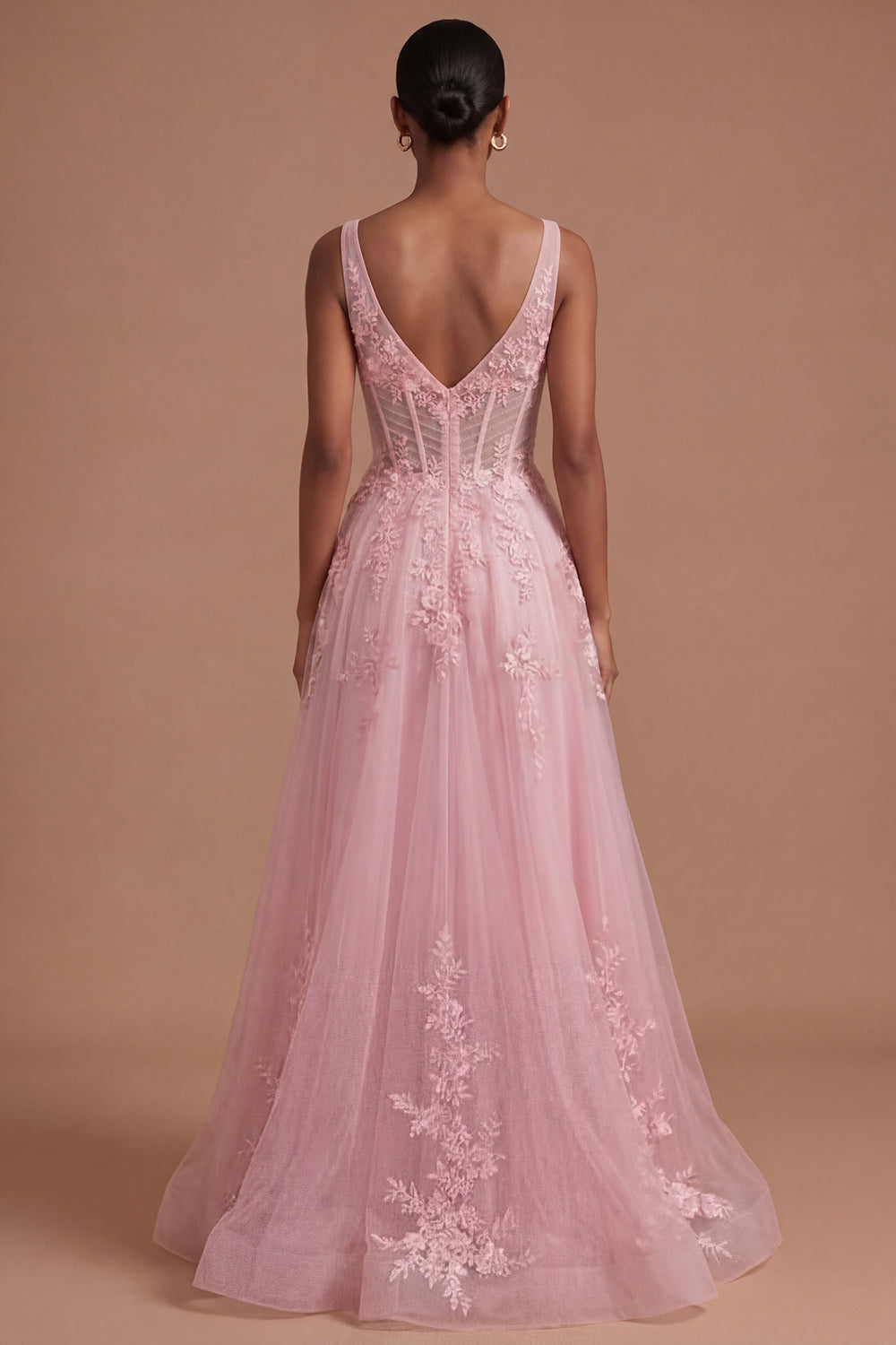 Corset Floral A Line Appliqued Pink Long Prom Dress