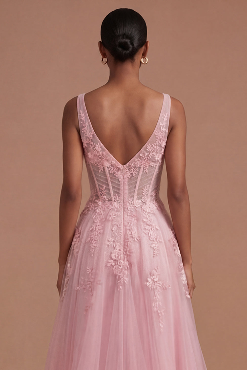 Corset Floral A Line Appliqued Pink Long Prom Dress