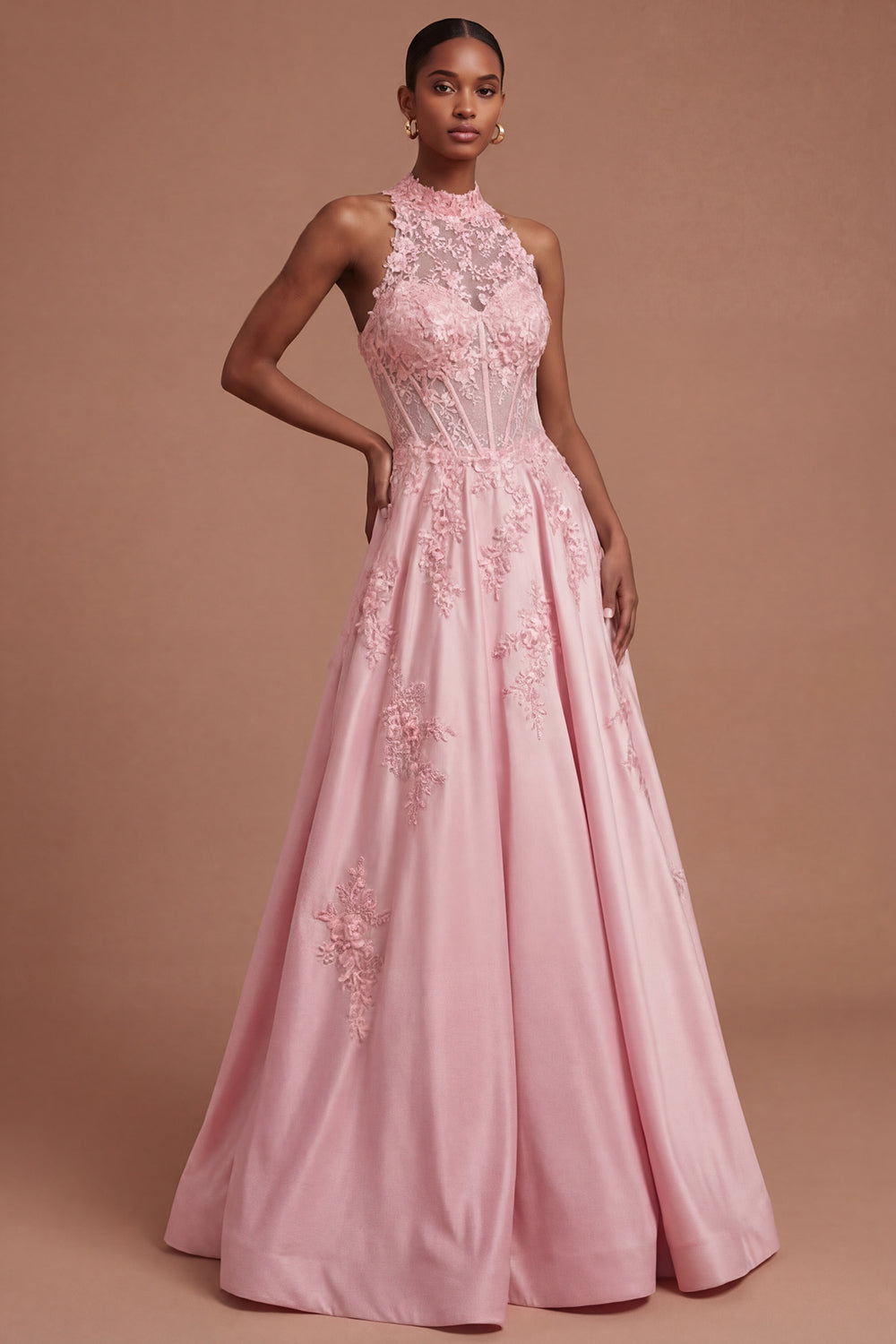 Halter Neck Corset Floral A Line Appliqued Pink Long Prom Dress