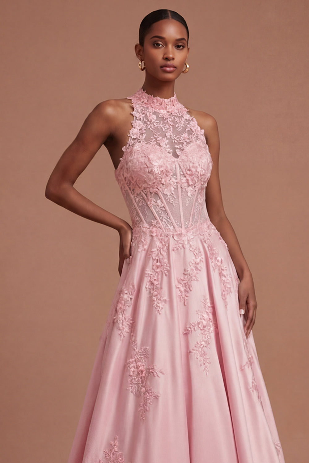 Halter Neck Corset Floral A Line Appliqued Pink Long Prom Dress