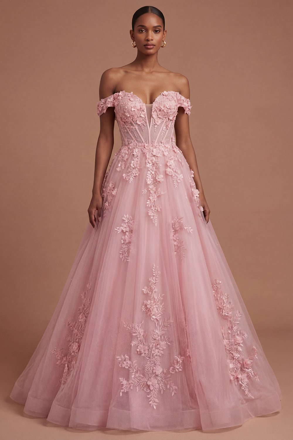 A Line Off the Shoulder Floral Corset Long Prom Dress