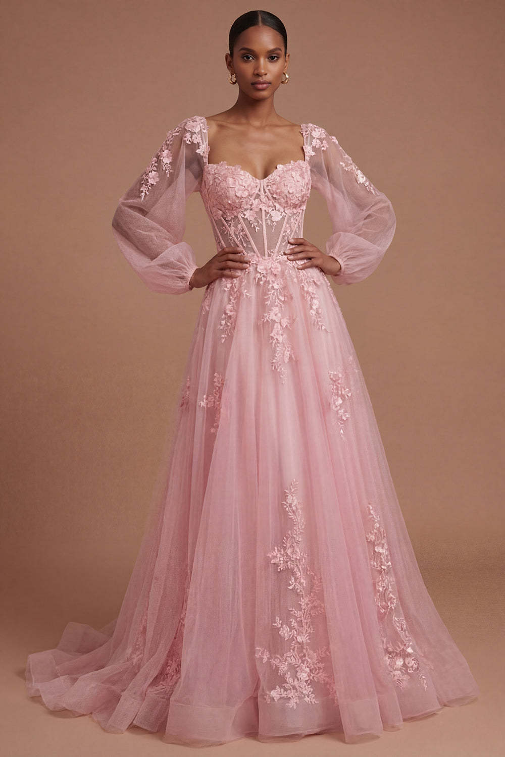 Leely Women Floral Corset A Line Sweetheart Long Prom Dress Long Sleeves Appliqued Wedding Guest Dress