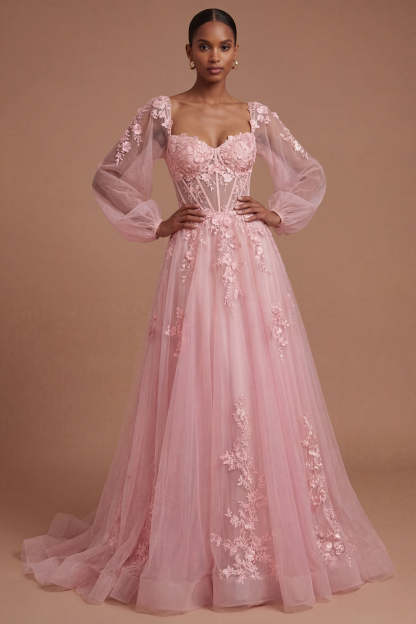 Leely Women Floral Corset A Line Sweetheart Long Prom Dress Long Sleeves Appliqued Wedding Guest Dress