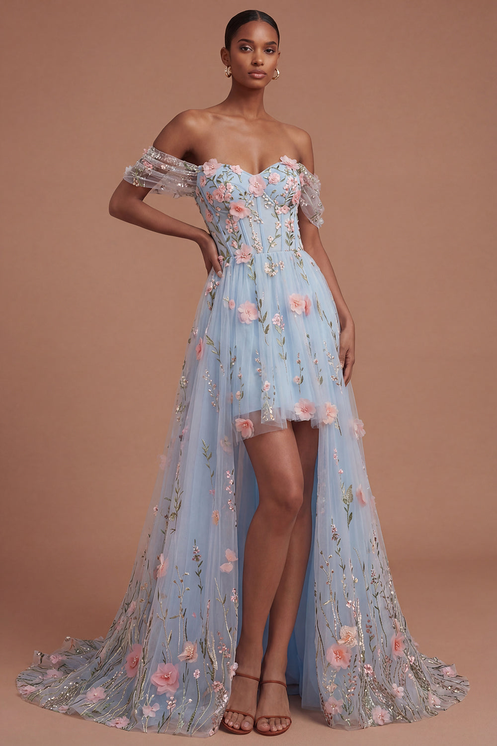 Leely Women Blue Floral A Line High Low Prom Dress Appliqued Off the Shoulder Backless Evening Dress