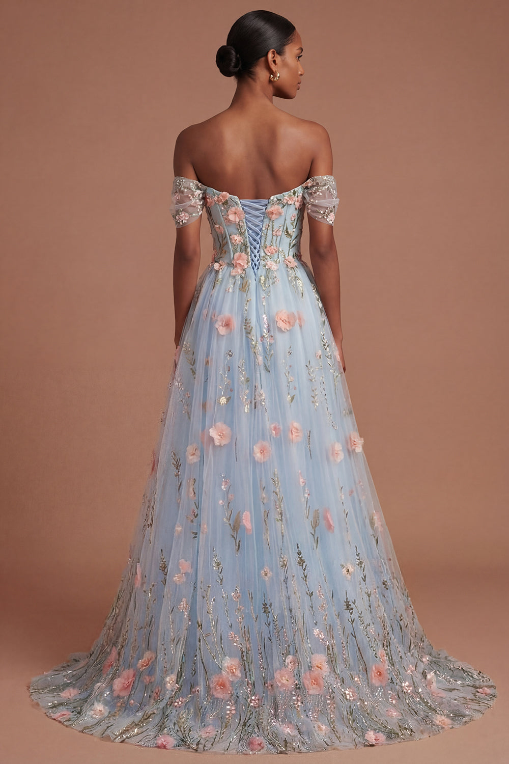 Blue Floral A Line Appliqued High Low Prom Dress