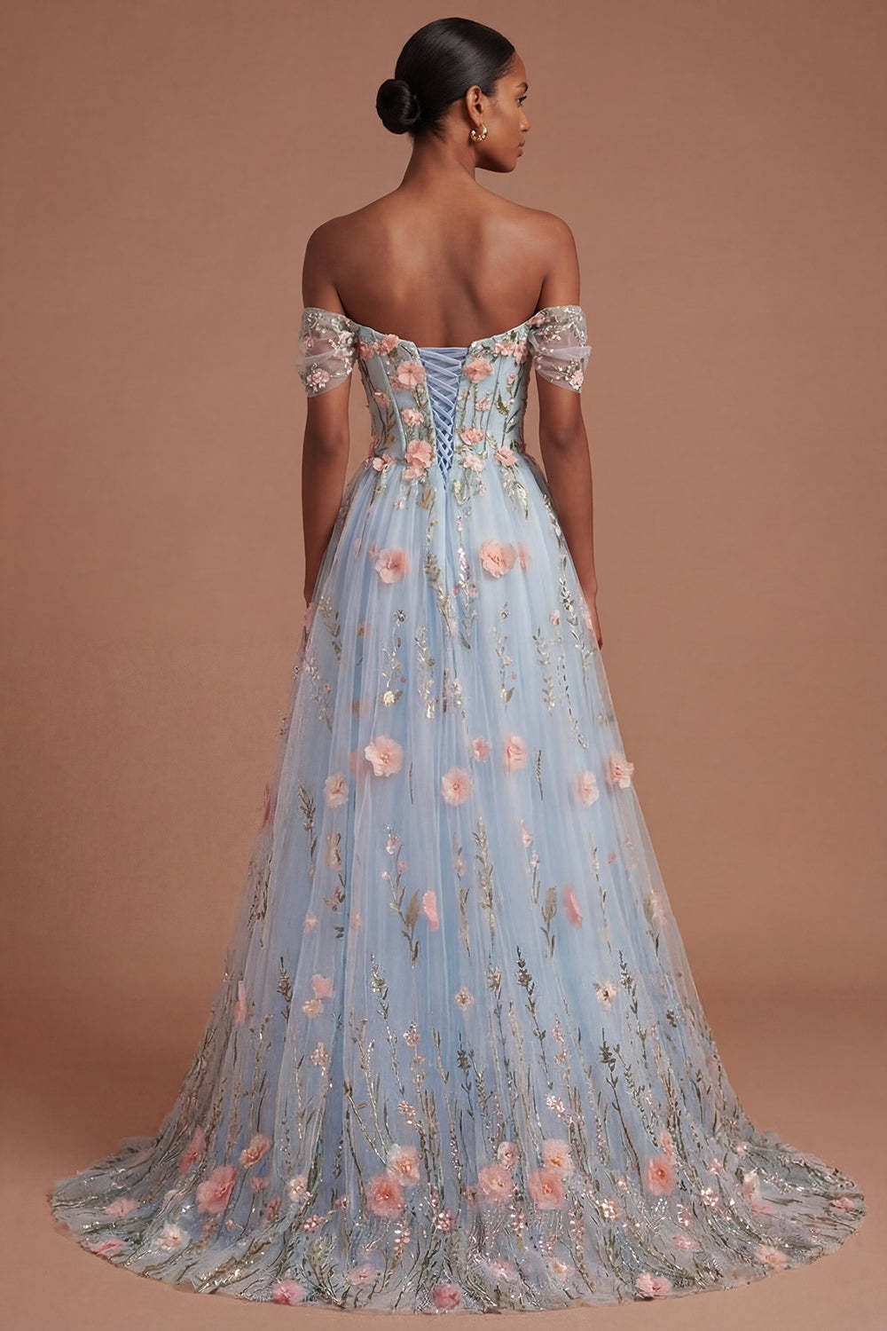 Blue Floral A Line Appliqued High Low Prom Dress