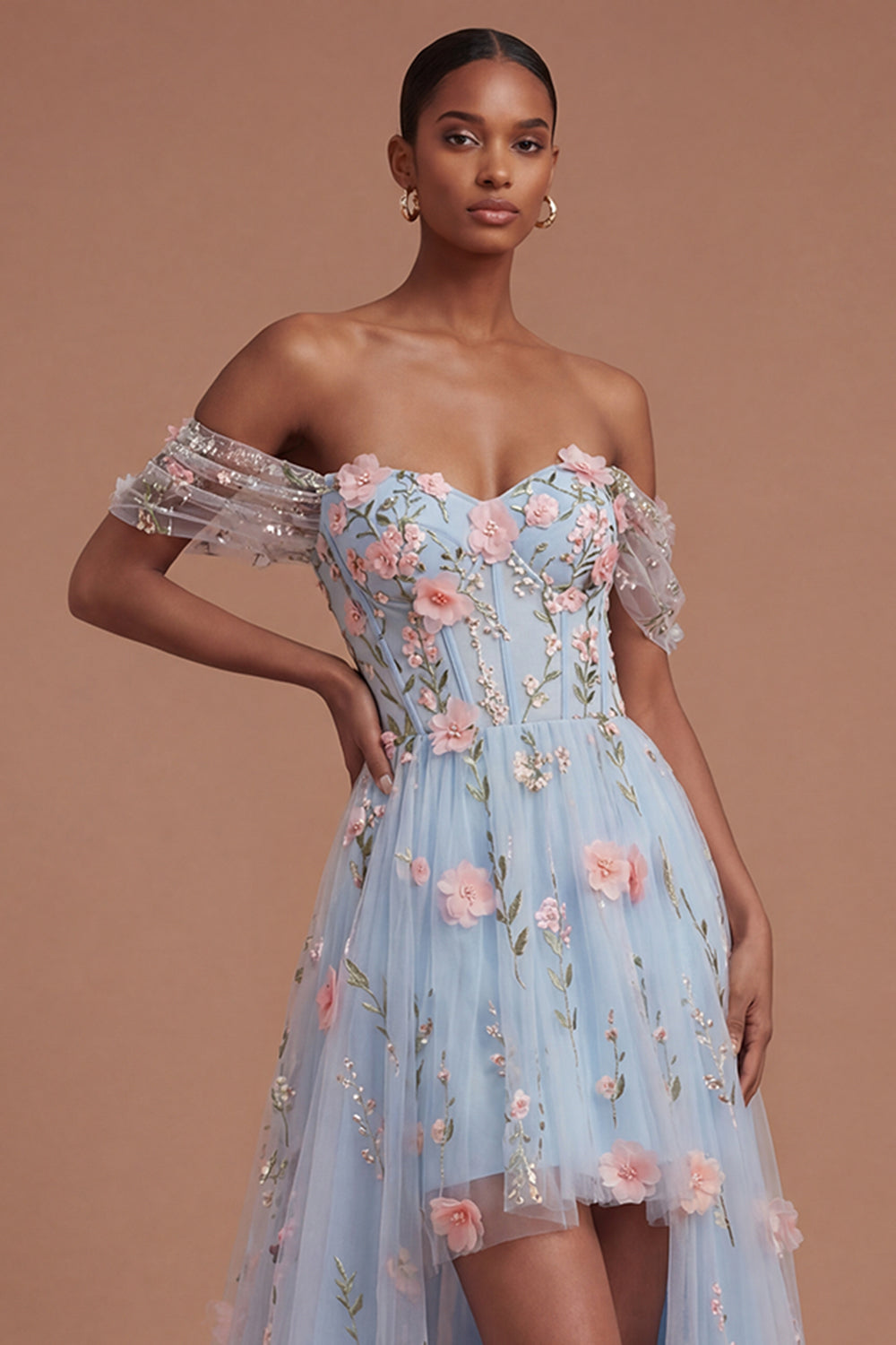 Blue Floral A Line Appliqued High Low Prom Dress