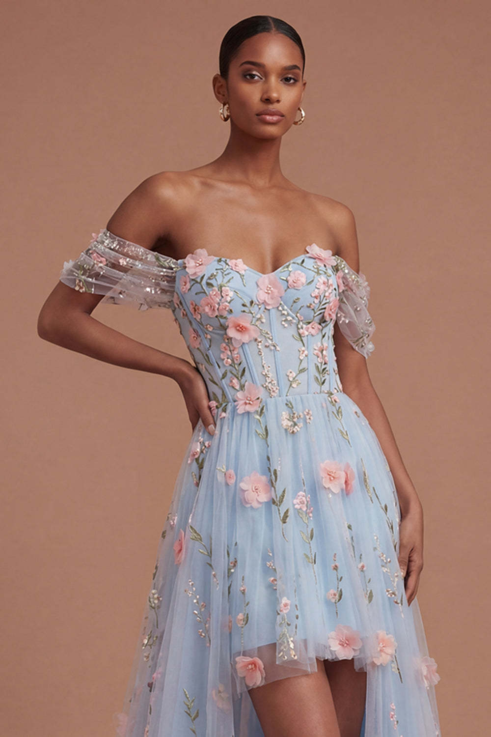 Blue Floral A Line Appliqued High Low Prom Dress