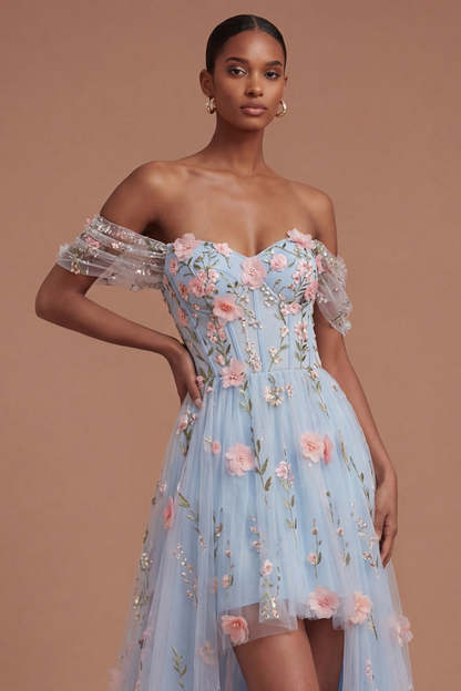 Blue Floral A Line Appliqued High Low Prom Dress