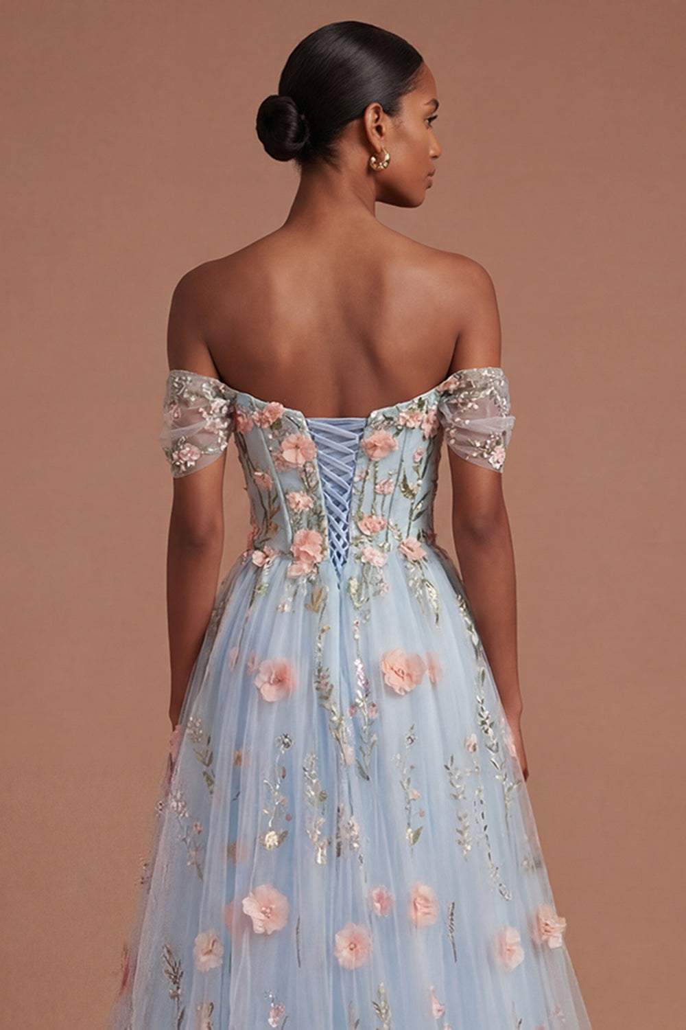 Blue Floral A Line Appliqued High Low Prom Dress