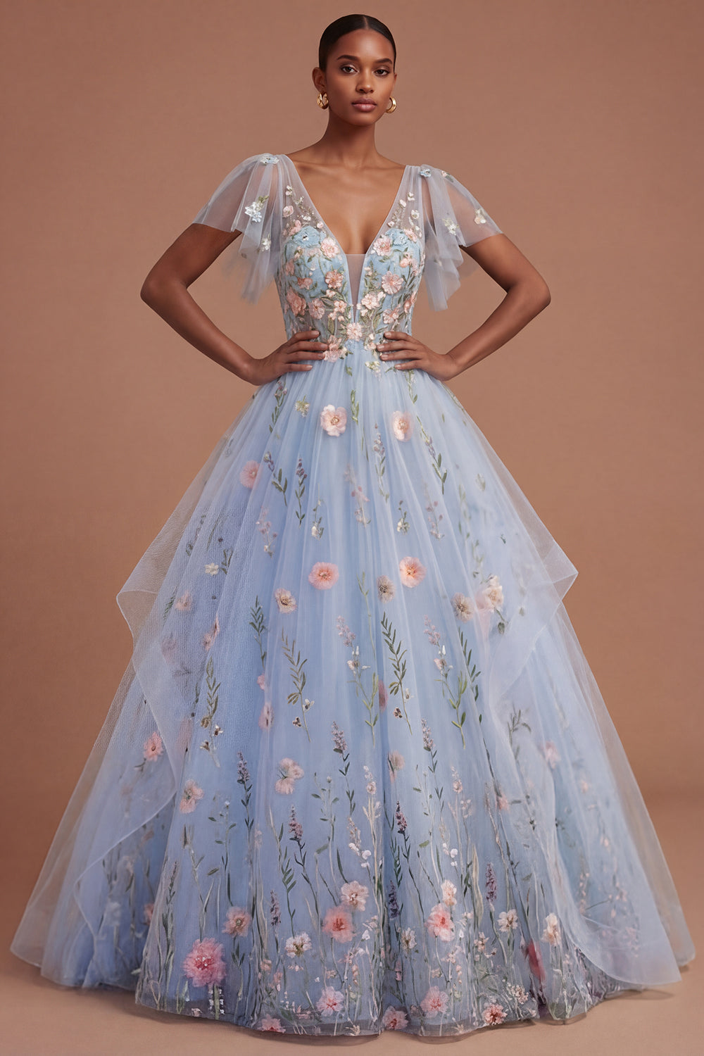 V Neck Appliqued Flutter Sleeves Floral Long Prom Dress